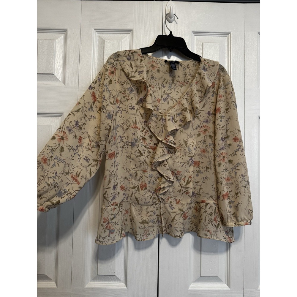 CHAPS Sheer Women XL Floral Ruffle 3/4 Sleeve Feminine Cottagecore Peplum